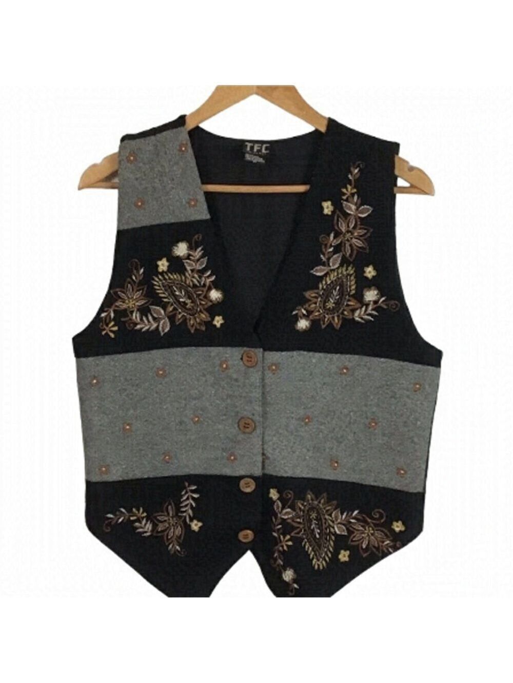 VINTAGE Wool floral embroidered vest black grey medium Cottagecore grandmacore